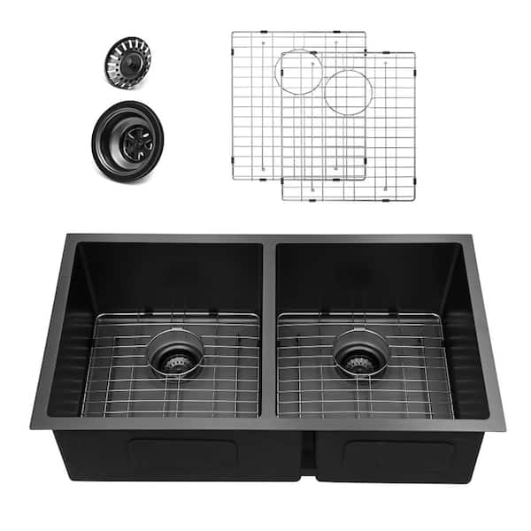 33 in. Matte Black Stainless Steel Double Bowl Undermount 50/50 Sink