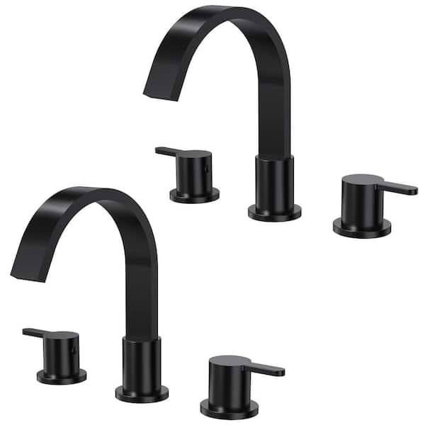 EVERSTEIN 2-Pack Waterfall 8 in. Widespread Double Handle High-Arc Bathroom Sink Faucet in Spot Resist Matte Black Drain Included