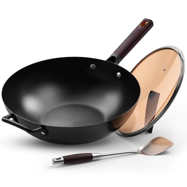 13.5 in. Carbon Steel Wok Pan with Lid and Spatula for Pan-fry, Stir Fry, Steam, BBQ and Camping, Pre-Seasoned Flat Woks