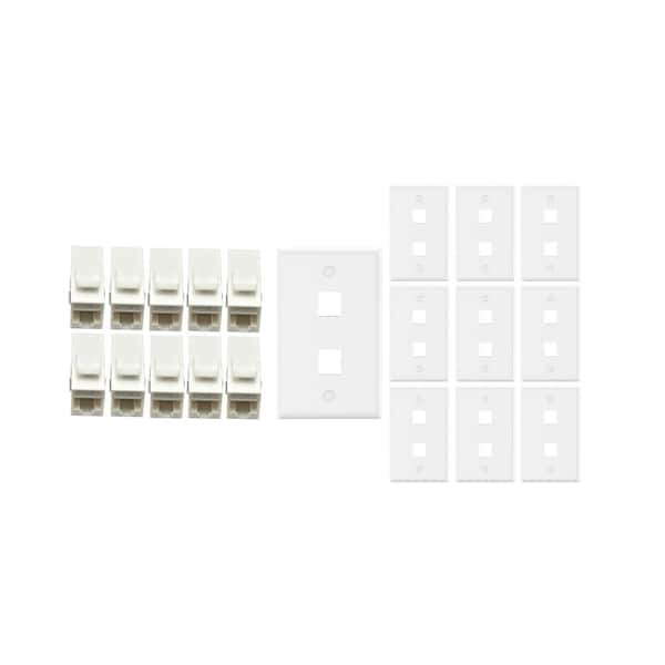 10-Pack 1-Gang White Keystone Plastic Wall Plate 2-Port & 10 Cat 6 RJ45 Keystone Inline Couplers White