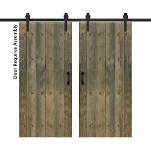 Mid-Century New Style 76 in. x 84 in. Aged Barrel Finished Solid Wood Double Sliding Barn Door with Hardware Kit