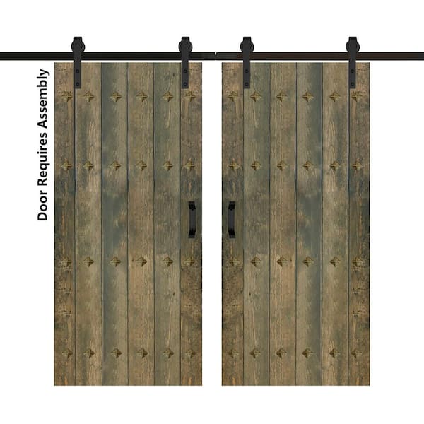 ISLIFE Mid-Century New Style 76 in. x 84 in. Aged Barrel Finished Solid Wood Double Sliding Barn Door with Hardware Kit