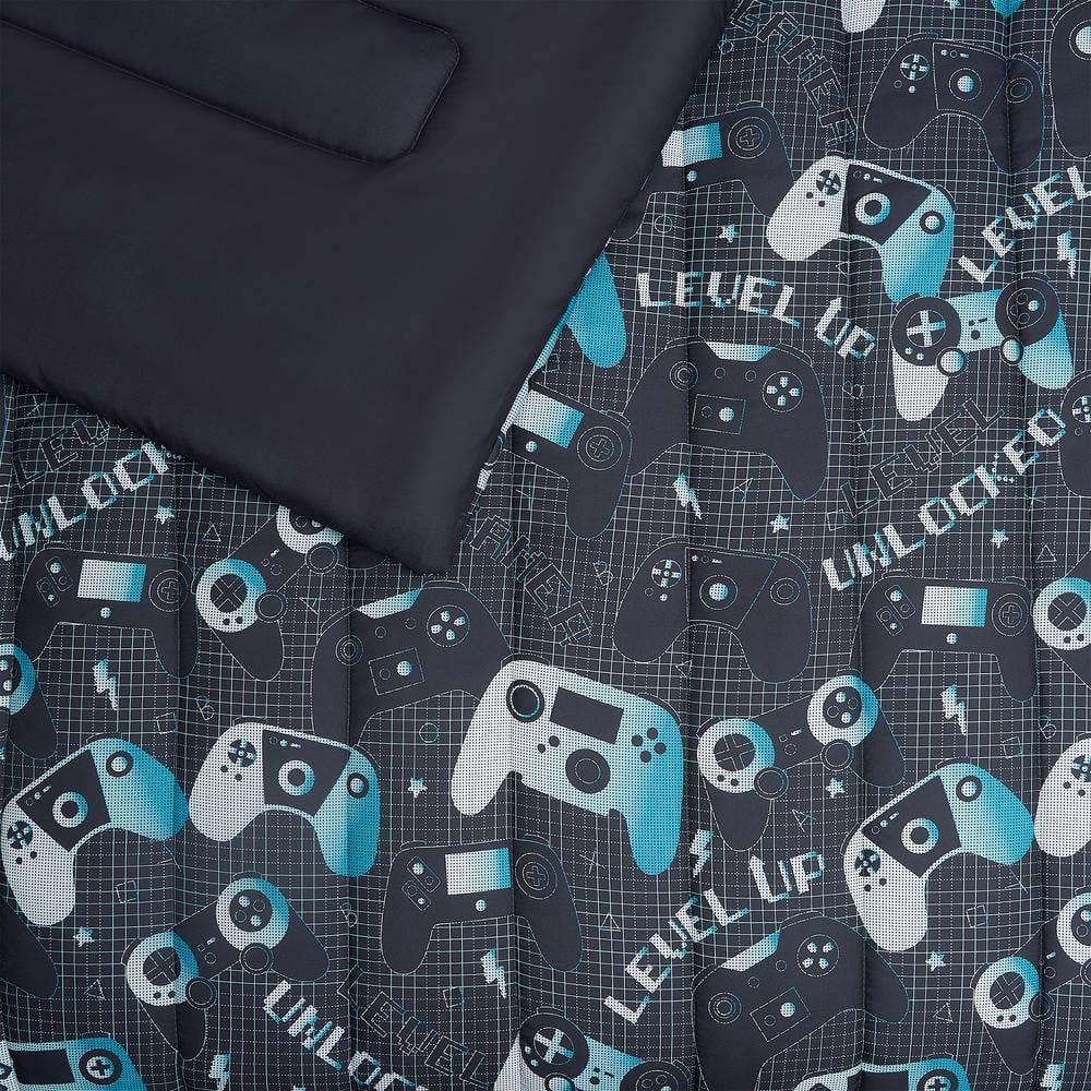 Full Gray and Aqua Microfiber Reversible Kids Comforter Set