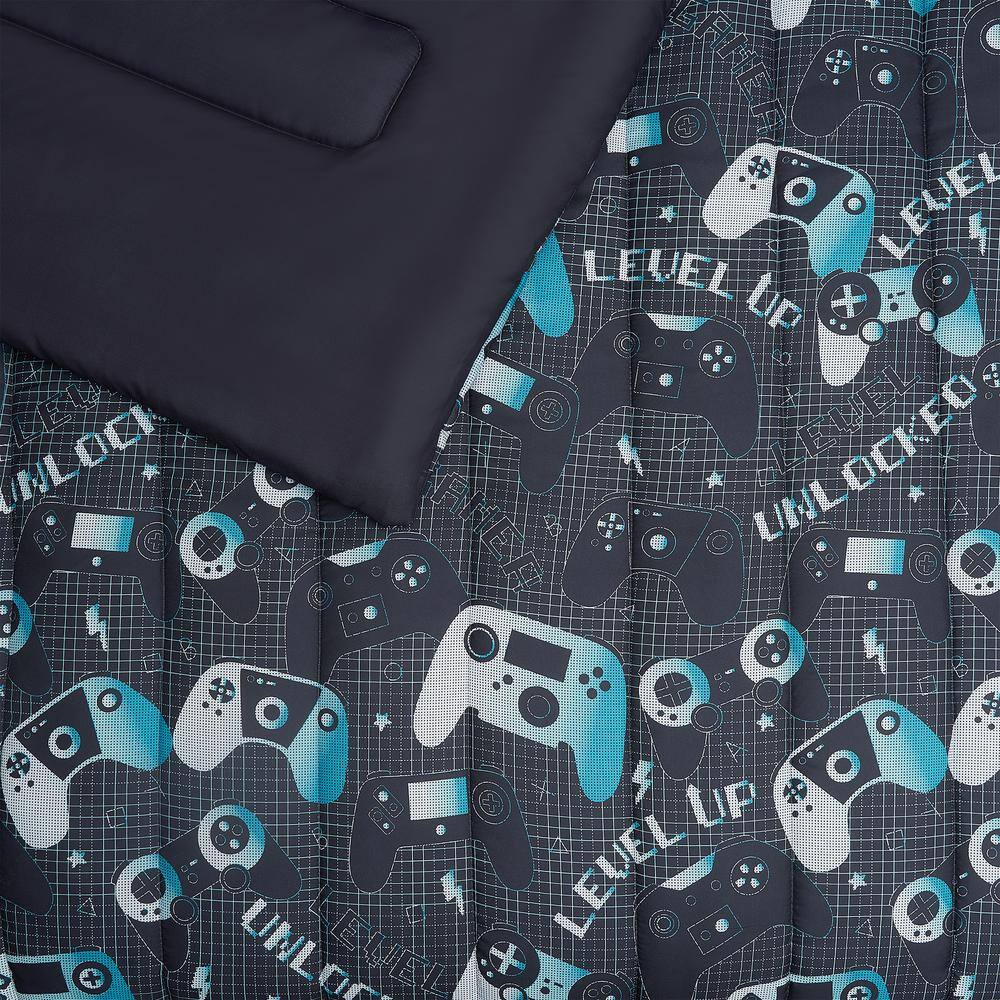 Twin Gray and Aqua Reversible Gaming Microfiber Comforter Set