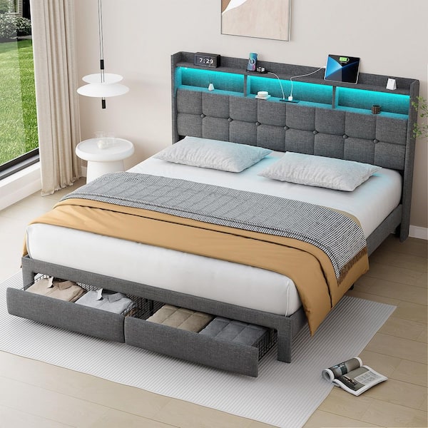 Light Gray Wood Frame King Size Upholstered Platform Bed with LED Lights, Charging Station, Headboard and 2-Drawers