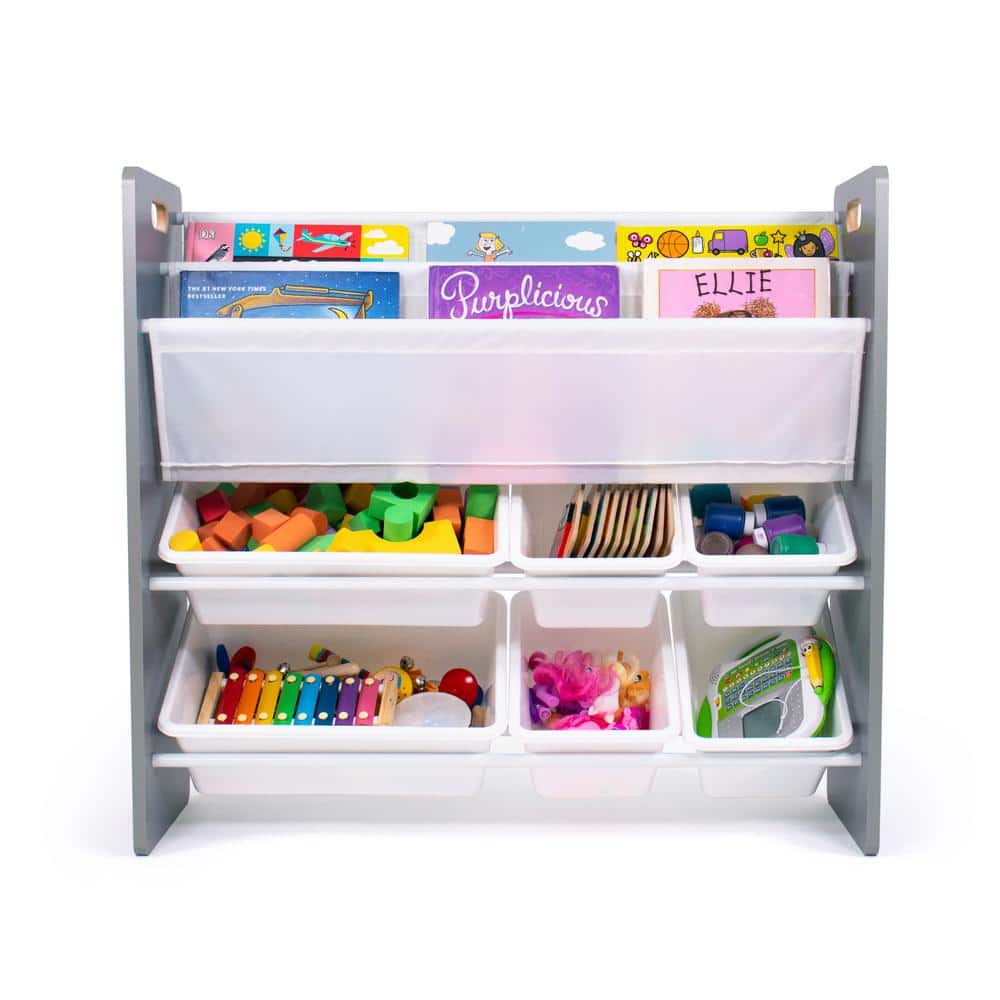 Gray and White 4-Tier Kids' Storage Organizer with Bookrack