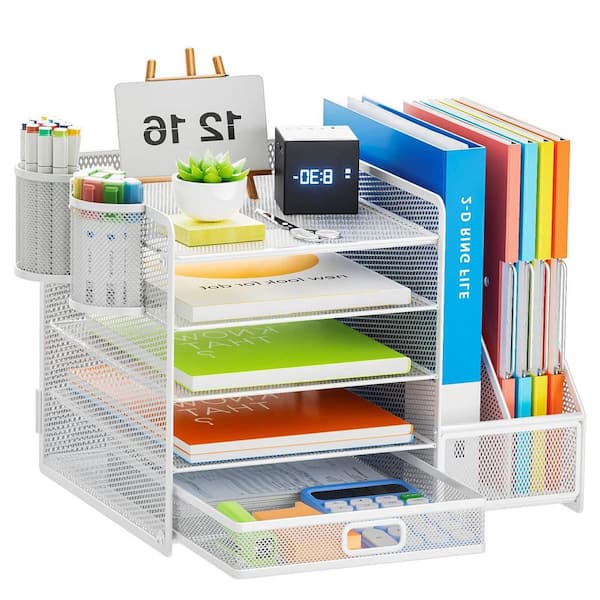 White 13.8 in. x 11 in. Metal Desk Organizers with File Holder and 2 Pen Holders