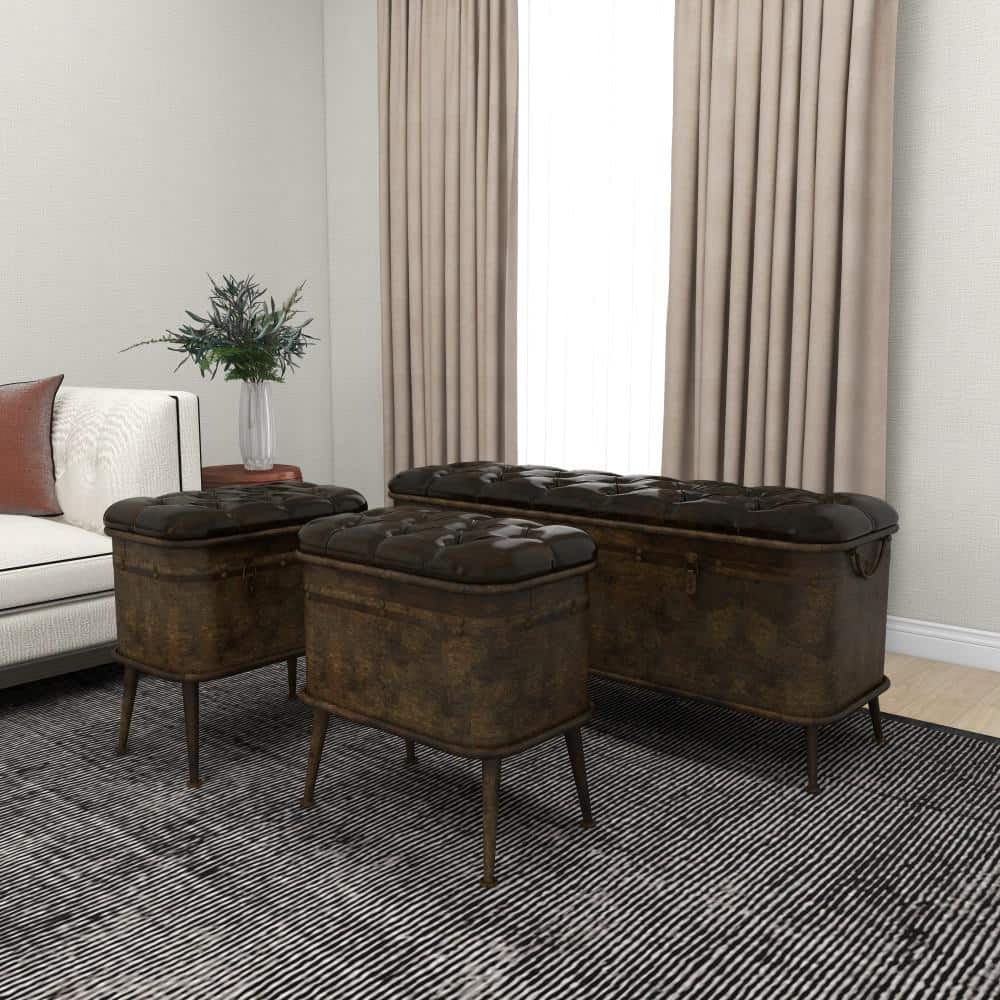 Brown Metal Storage Bench with Tufted Faux Leather Set