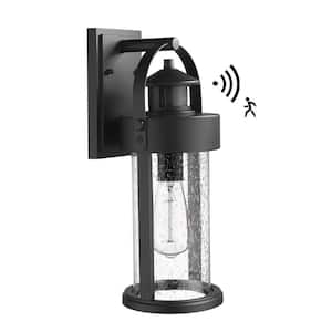 Black Motion Sensing Dusk to Dawn Weather Resistant Outdoor Hardwired Wall Lantern Scone with Seeded Glass Shade
