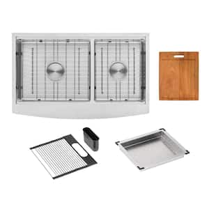 16G Stainless Steel 36 in. Double Bowl Farmhouse Apron Workstation Kitchen Sink w/ Integrated Ledge- 15mm Tight Radius