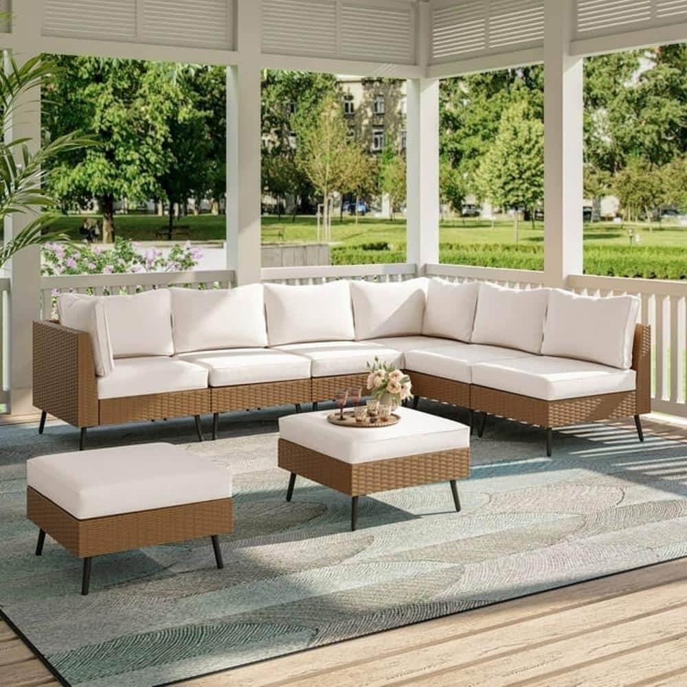 Beige 8-Piece Steel Frame Outdoor Sectional Sofa Set