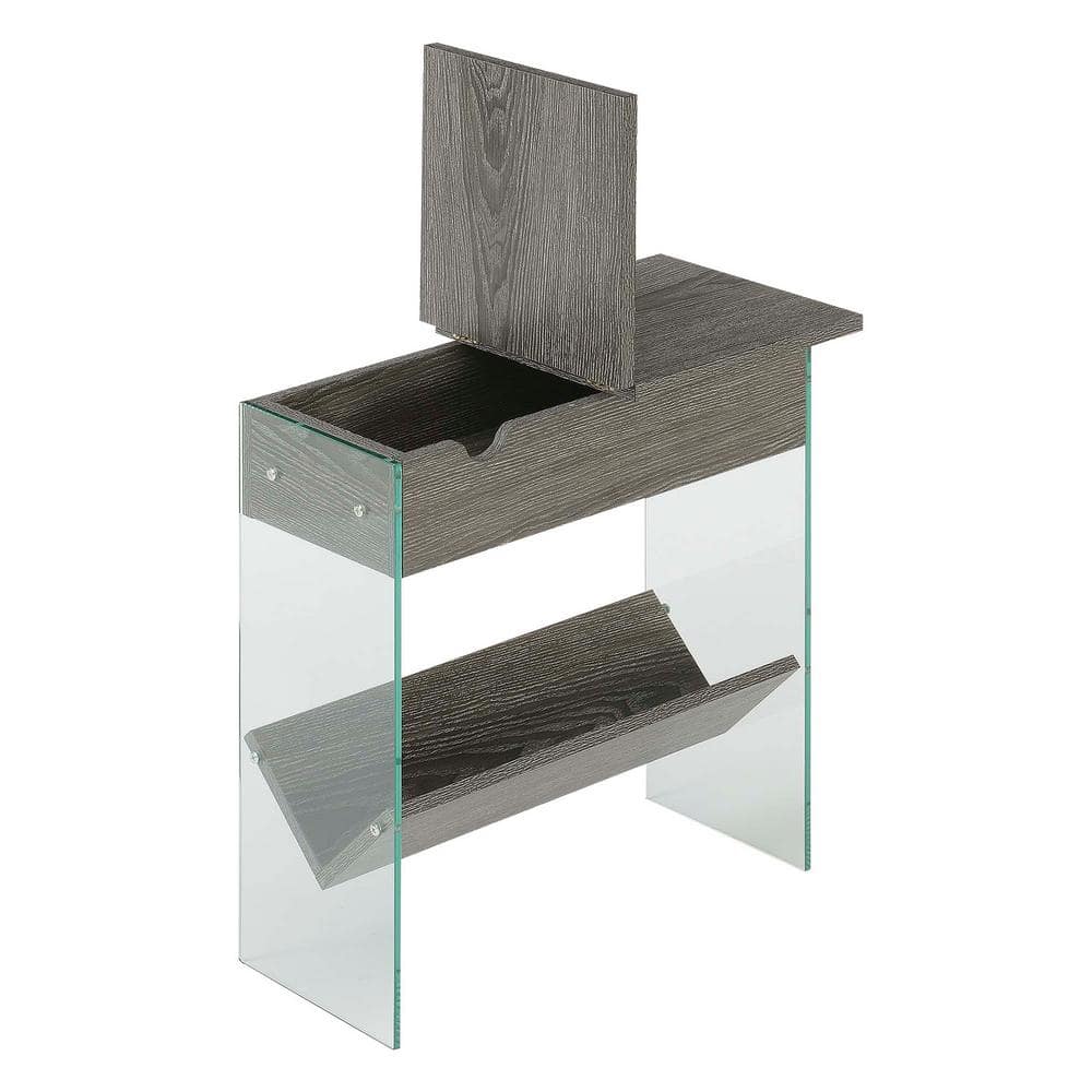 Weathered Gray Flip Top End Table with Charging Station and Glass Panels