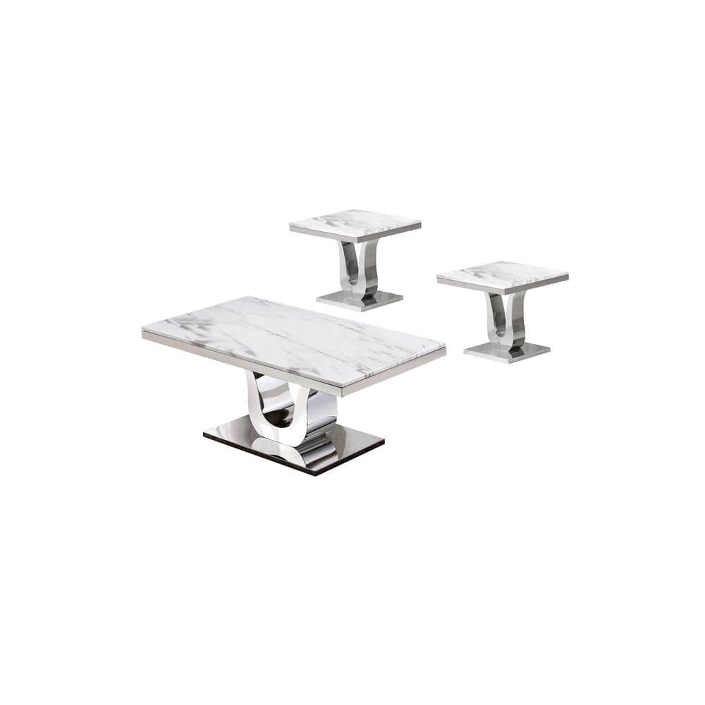 White Marble and Silver Stainless Steel 3pc Coffee Table Set