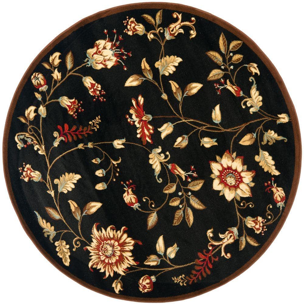 Round Black Floral Synthetic Easy Care Area Rug
