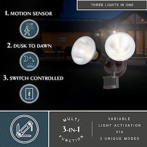 Bronze Motion Sensor Dusk to Dawn Outdoor Security Flood Light - 2 Adjustable Light Heads - 4 Modes