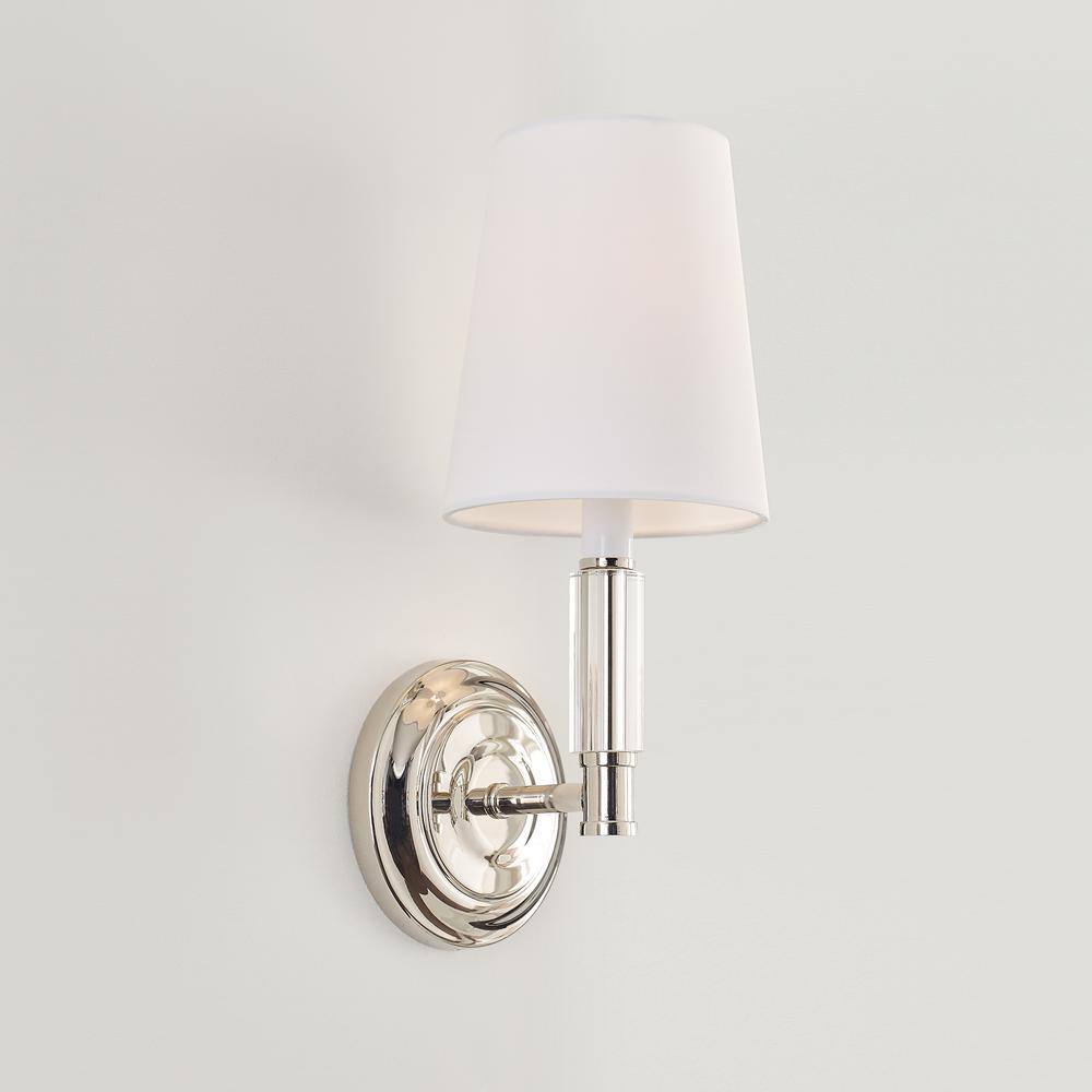 Polished Nickel Round White Fabric Shade Wall Sconce