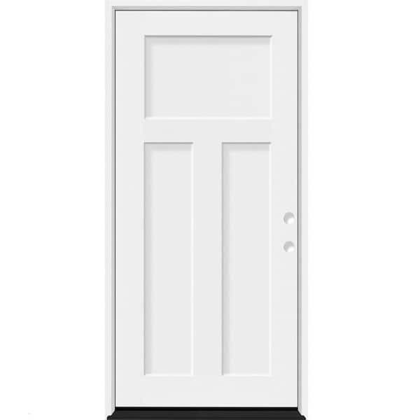 Steves & Sons Legacy 34 in. x 80 in. 3 Panel Craftsman LHIS Unfinished White Fiberglass Prehung Front Door with 4-9/16 Jamb