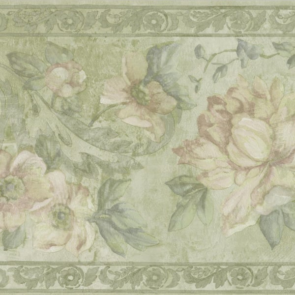 Dundee Deco Falkirk Dandy II Green Flowers Scrolls Damask Peel and Stick Wallpaper Border