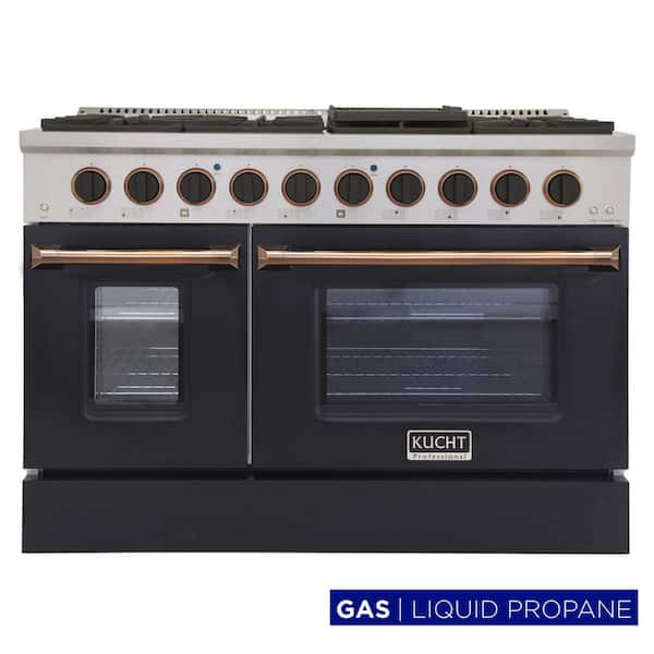 Kucht Custom KNG 48 in. 6.7 cu. ft. LP Ready Double Oven Gas Range with Convection in Black with Black Knobs and Gold Handle