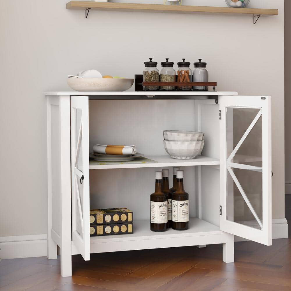 White MDF Kitchen Buffet Sideboard with Glass Doors