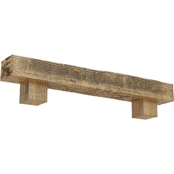 Ekena Millwork 8 in. x 8 in. x 6 ft. Rough Sawn Faux Wood Fireplace Mantel Kit, Alamo Corbels, Natural Pine