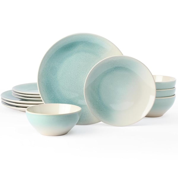 Glacier 12-Piece Reactive Glaze Aqua Stoneware Dinnerware Set with 10.2 in. Plates and 19 oz. Bowls, Service for 4