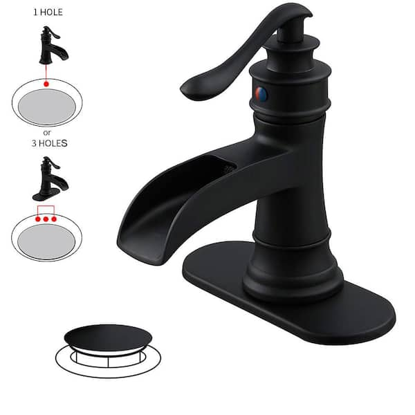 BWE Waterfall Single Hole Single-Handle Low-Arc Bathroom Faucet With Pop-up Drain Assembly In Matte Black