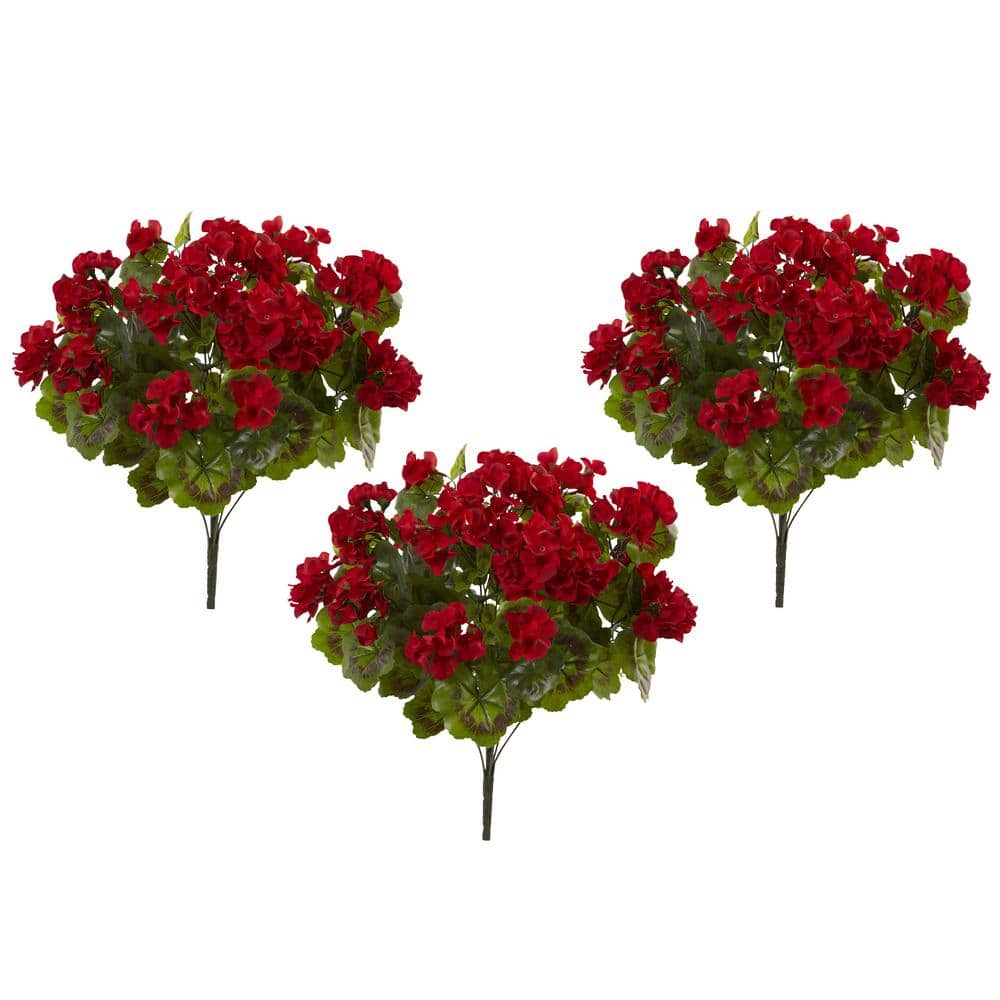 UV Resistant Red Geranium Artificial Bush Set for Indoor/Outdoor