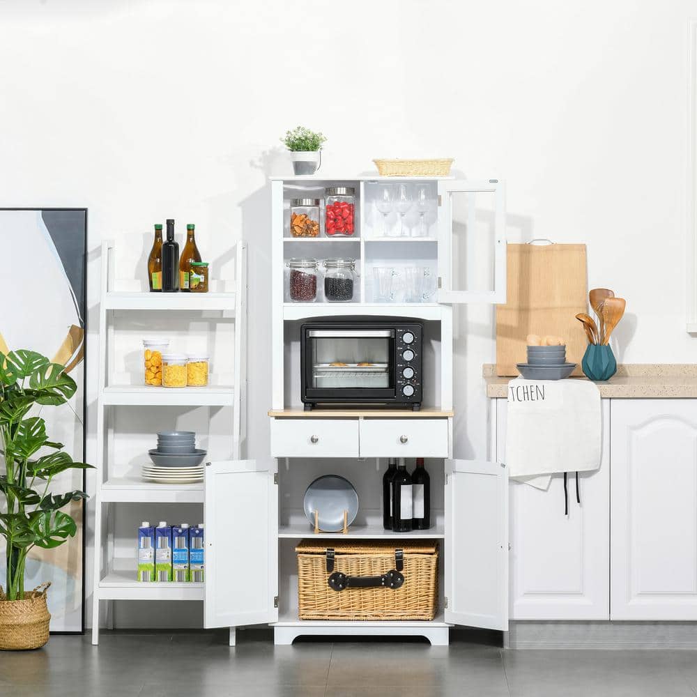 White Recessed Panel Kitchen Buffet with Hutch and Rubberwood Countertop