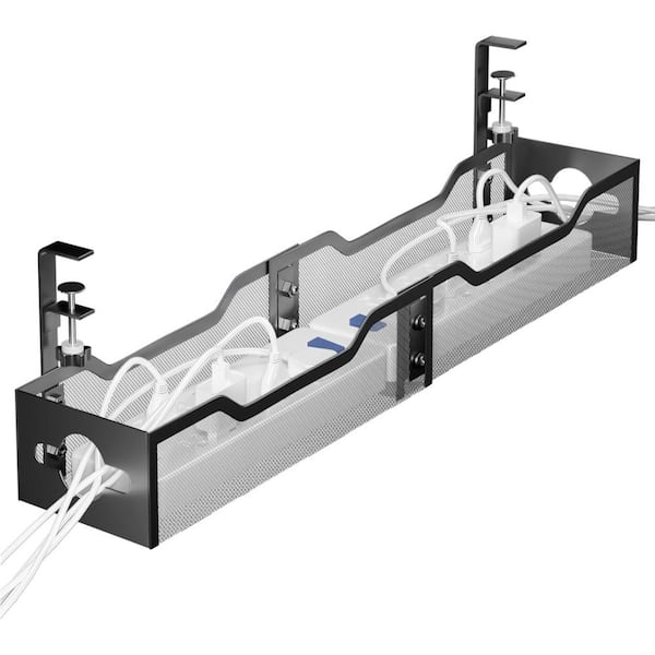 24.8 in Modern Metal Under Desk Cable Management Tray Elegant Cord Organizer with Clamp Mount and Anti-Scratch Pad Black