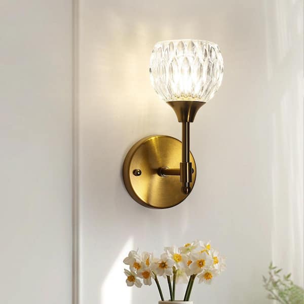 Luxury 7 in. 1-Light Golden Bronze Wall Sconce with Crystal Glass Shade-Elegant Modern Wall Light for Bedroom, Hallway