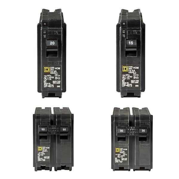 Square D Homeline 1-20 and 1-15 Amp Single-Pole, 1-50 and 1-30 Amp 2-Pole Circuit Breakers (4-pack)