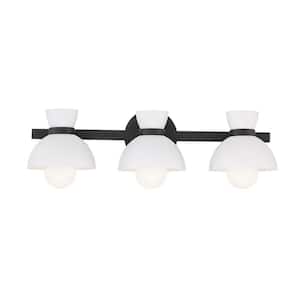 Meridian 24.50 in. 3-Light Matte Black Vanity Light with White Metal Shades
