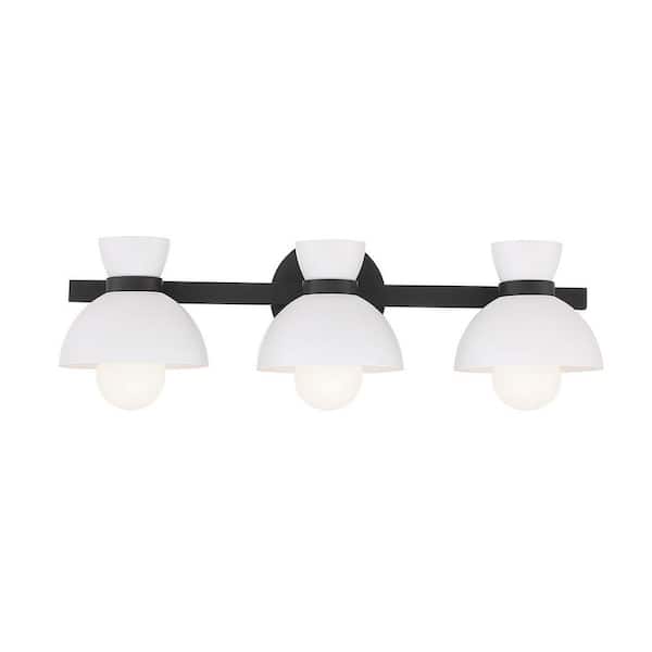 TUXEDO PARK LIGHTING 24.5 in. 3-Light Matte Black Vanity Light with White Metal Shades