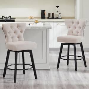 Peregrine 26 in. Beige Swivel Counter Height Bar Stool with Fabric Seat, Wood Frame and Button-Tufted Back (Set of 2)