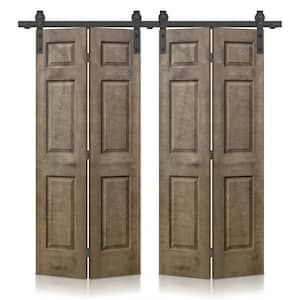 48 in. x 80 in. Vintage Brown Stain 6 Panel MDF Double Hollow Core Bi-Fold Barn Door with Sliding Hardware Kit