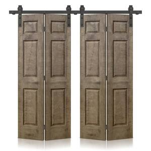 48 in. x 84 in. Vintage Brown Stain 6-Panel MDF Hollow Core Composite Double Bi-Fold Barn Doors Sliding Hardware Kit