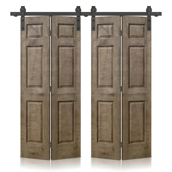 CALHOME 48 in. x 84 in. Vintage Brown Stain 6-Panel MDF Hollow Core Composite Double Bi-Fold Barn Doors Sliding Hardware Kit
