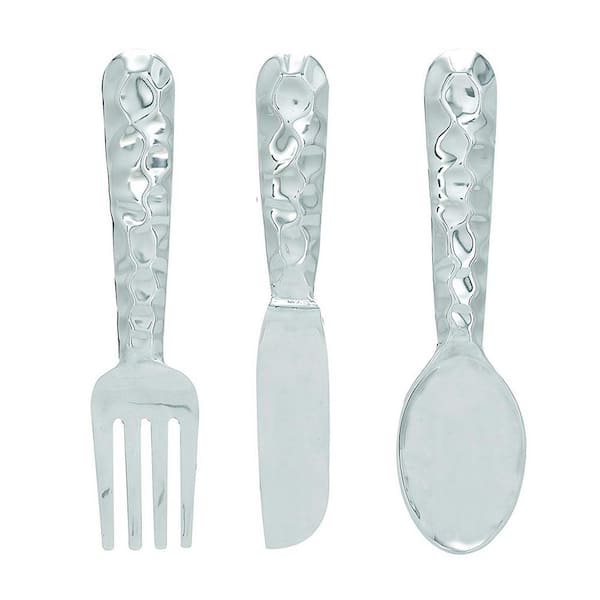 Vsmile (Set of 3) Artistic Cutlery Metal Silver Spoon and Knife and Fork Wall Decor, Contemporary Metal Wall Decor