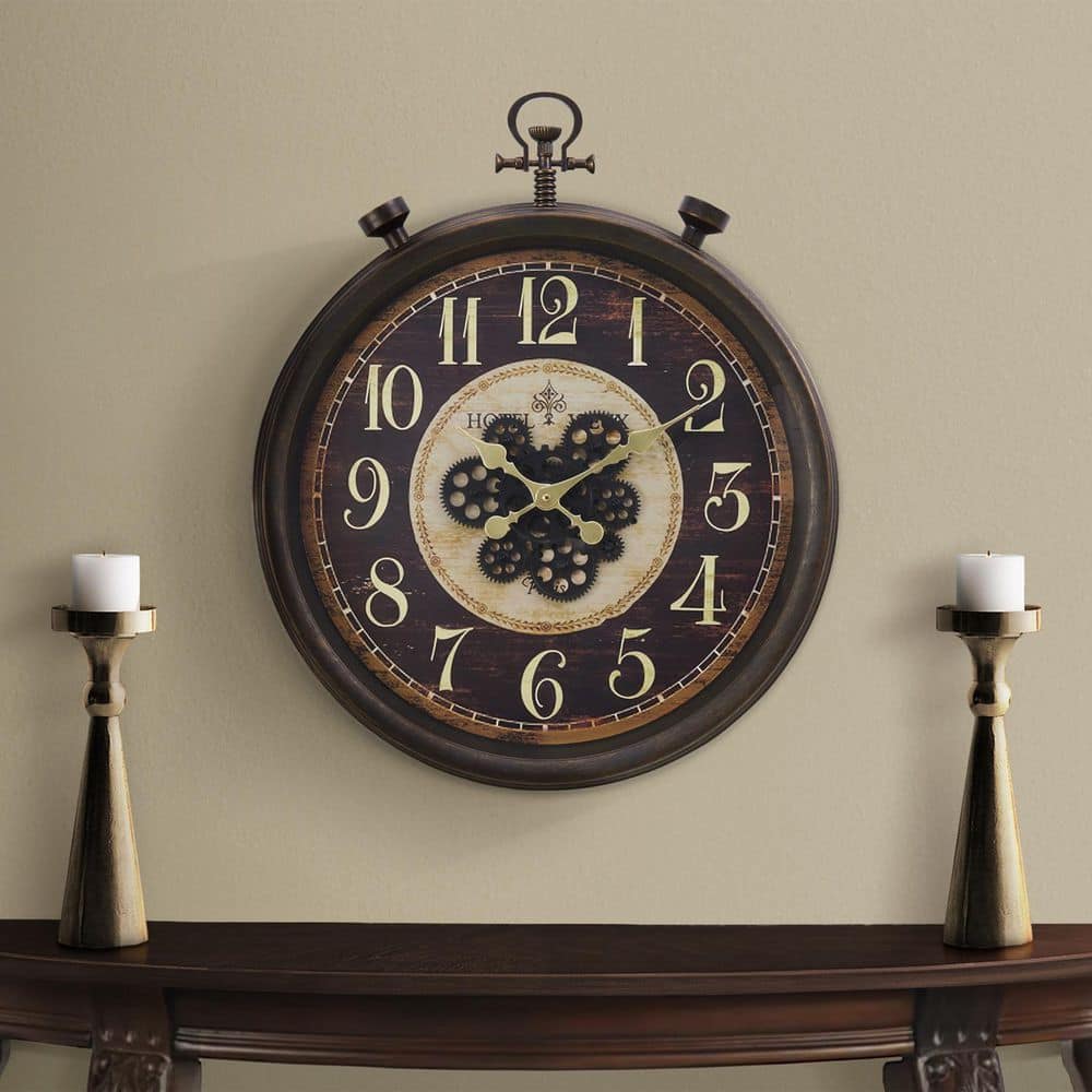 24 in. Round Traditional Large Brown Wall Clock for Living Room Decor, Vint