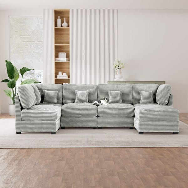 Vita Modern Minimalist 123.2 in. Corduroy Upholstered Modular Sectional Sofa in Grey with Movable Ottoman