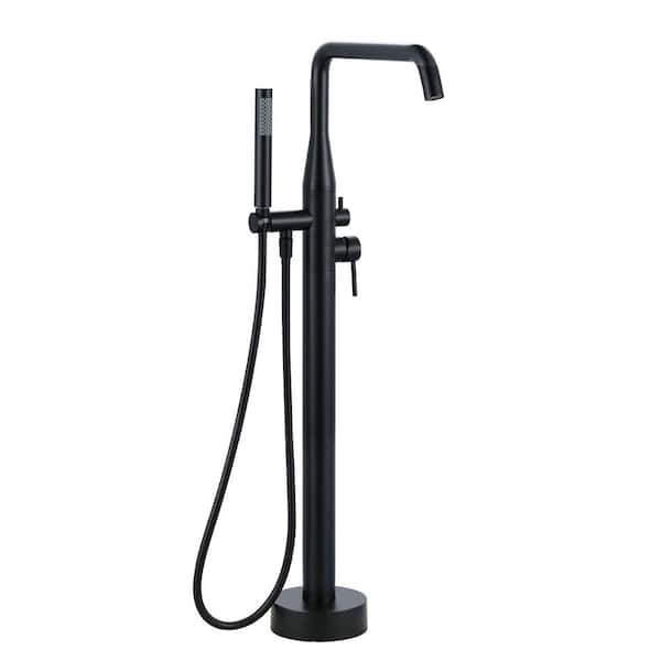 1-Handle Floor Mounted Freestanding Tub Faucet with Handheld Shower in Matte Black