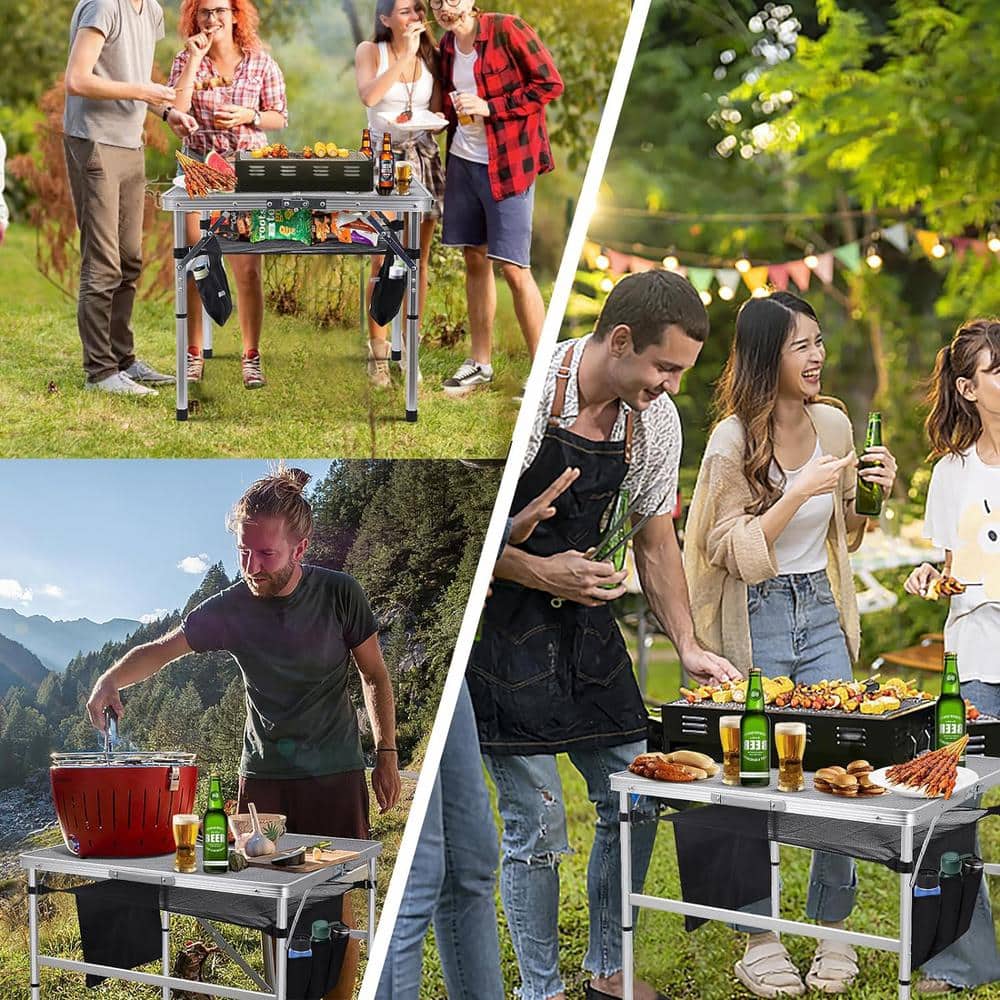 31.5" Silver Steel Folding Camping Table with Mesh Storage