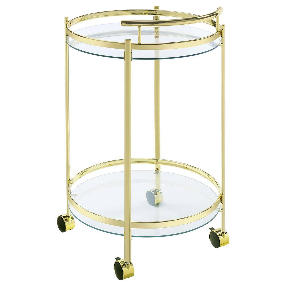 Luxe Modern 31" Gold Metal and Glass Round Bar Cart with Lockable Casters