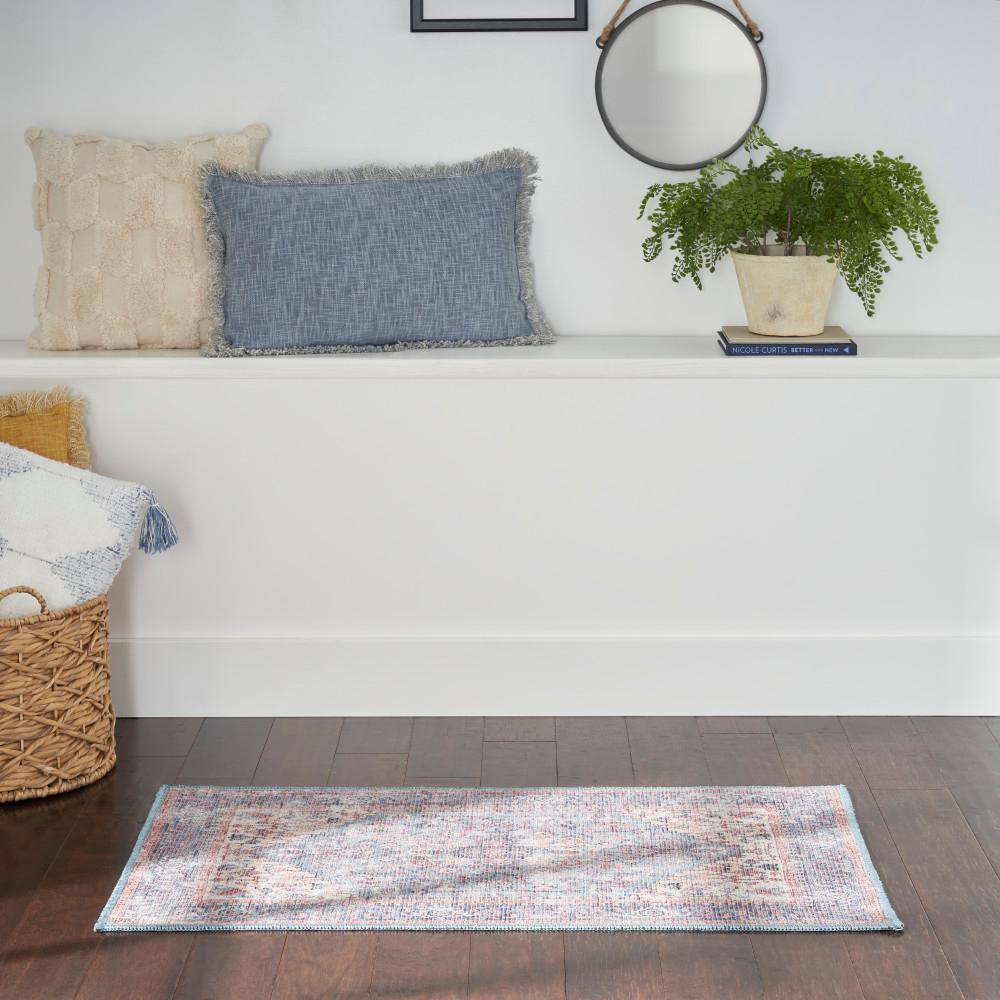 Vintage Blue and Multicolor Floral Cotton Chenille Rug 3' x 5'