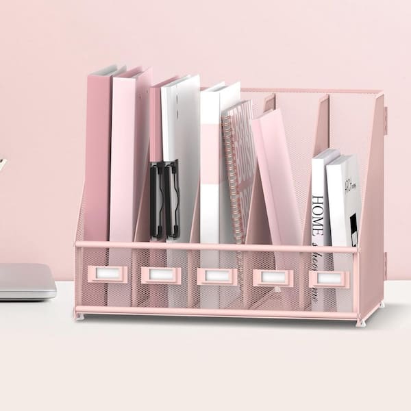 Pink 16.34 in. x 12.4 in. Metal 5-Compartment Desk Magazine Holder