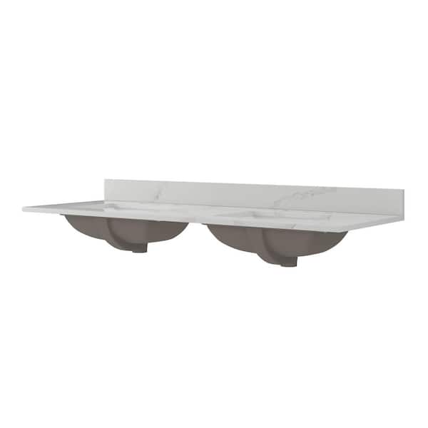 CRAFT + MAIN 61 in. W x 22 in. D x .75 in . H Engineered Quartz White Rectangular Double Sink Bath Vanity Top in Calacatta Bianco