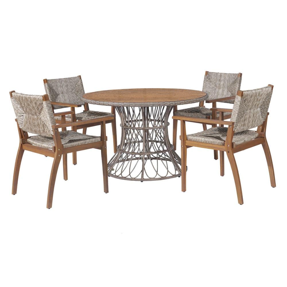 Brown 5-Piece Acacia Wood Round Outdoor Dining Set with Wicker Armchairs for Patio Garden durable construction price history on PriceWatchPro