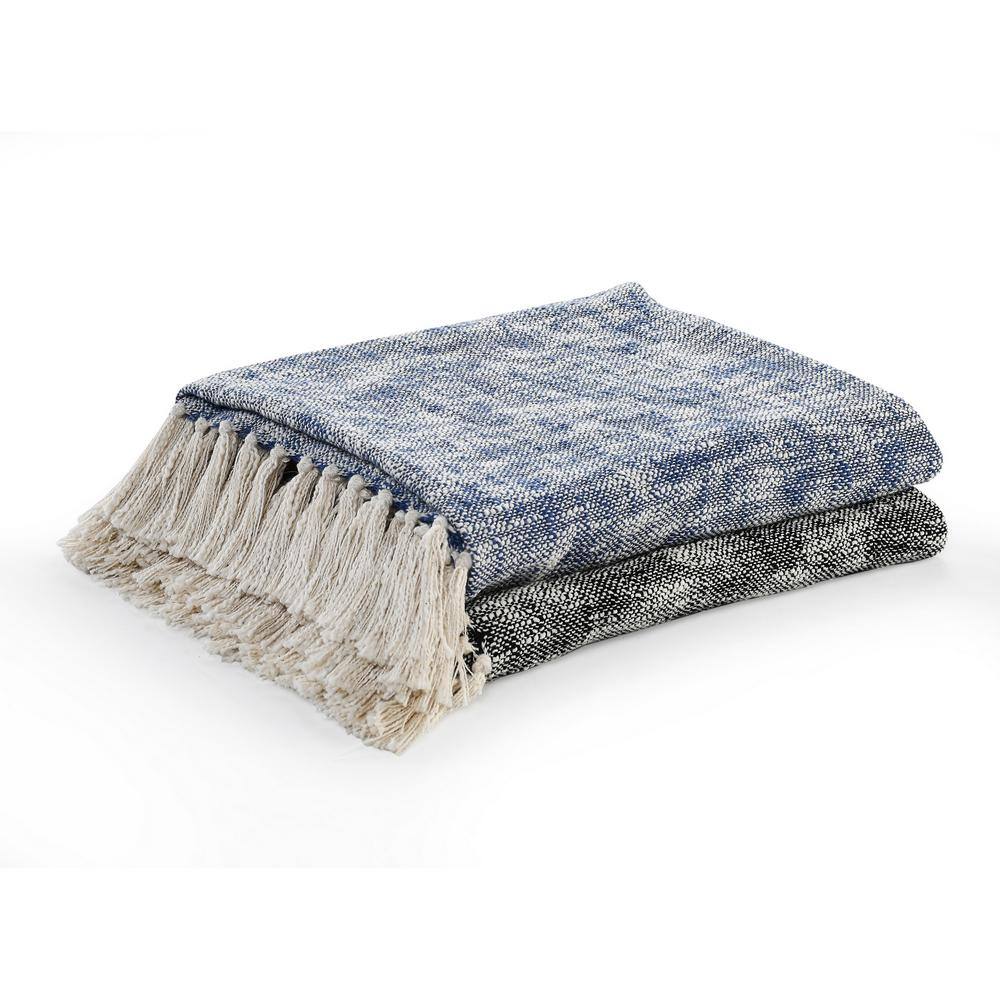 Black and Off-White Cotton Chambray Throw Blanket with Fringe, 60" x 50"