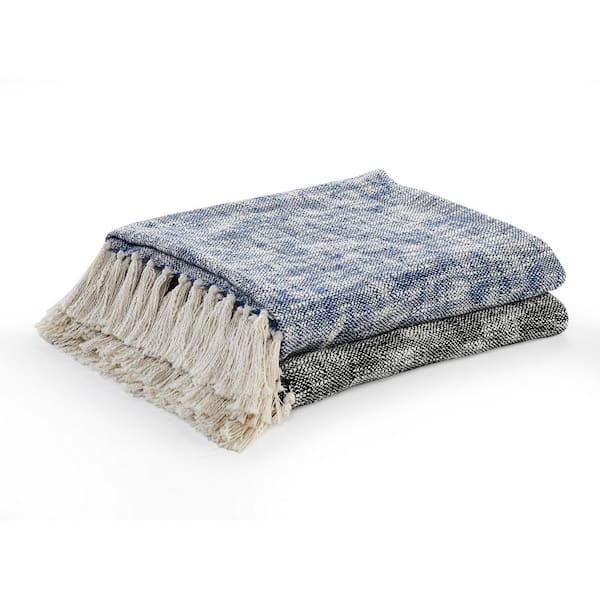 Distressed Navy Blue / Ivory 50 in. x 60 in. Woven Boho Chambray